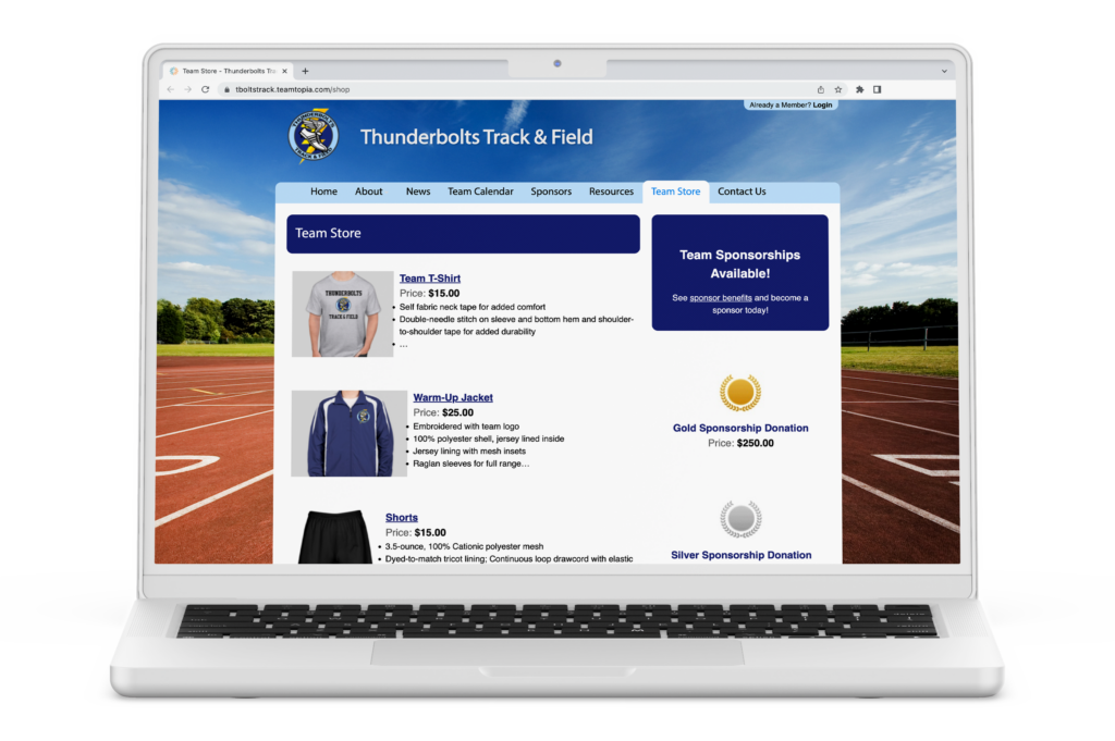 Team Topia custom sports team store website on laptop.