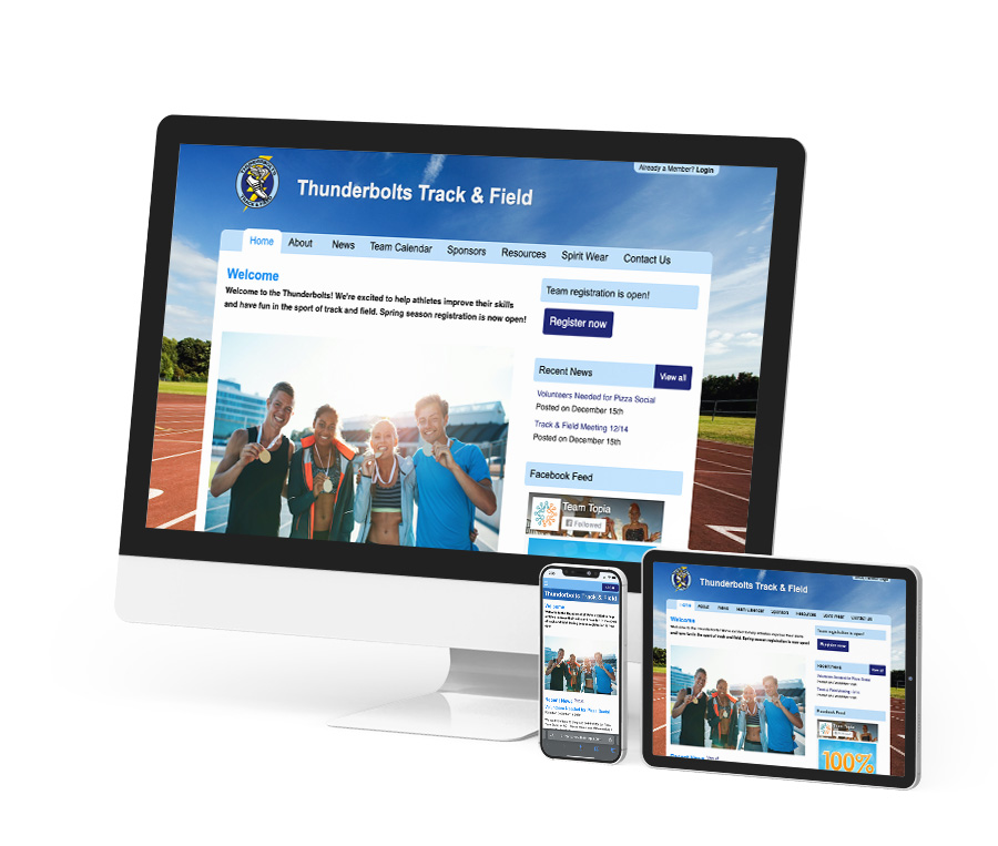 Team Topia responsive sports team websites for desktop, tablet, and iPhone